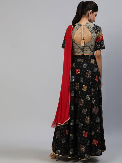 Women's Black Gold Printed Lehenga Choli With Dupatta