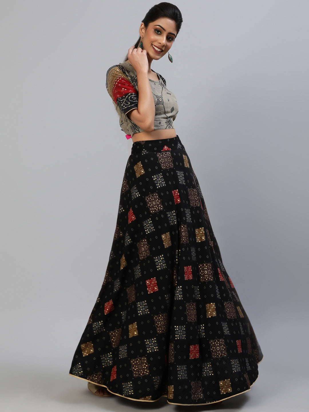 Women's Black Gold Printed Lehenga Choli With Dupatta
