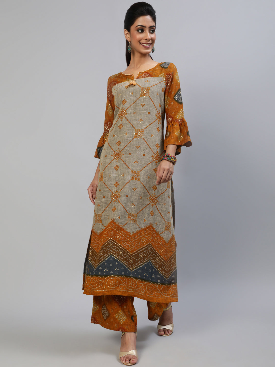 Women's Mustard Gold Printed Kurta With Palazzo