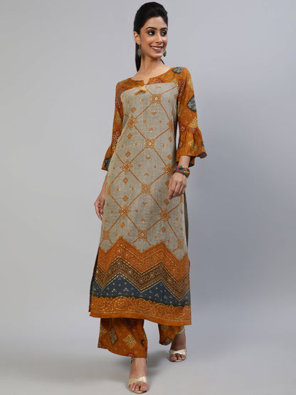 Women's Mustard Gold Printed Kurta With Palazzo