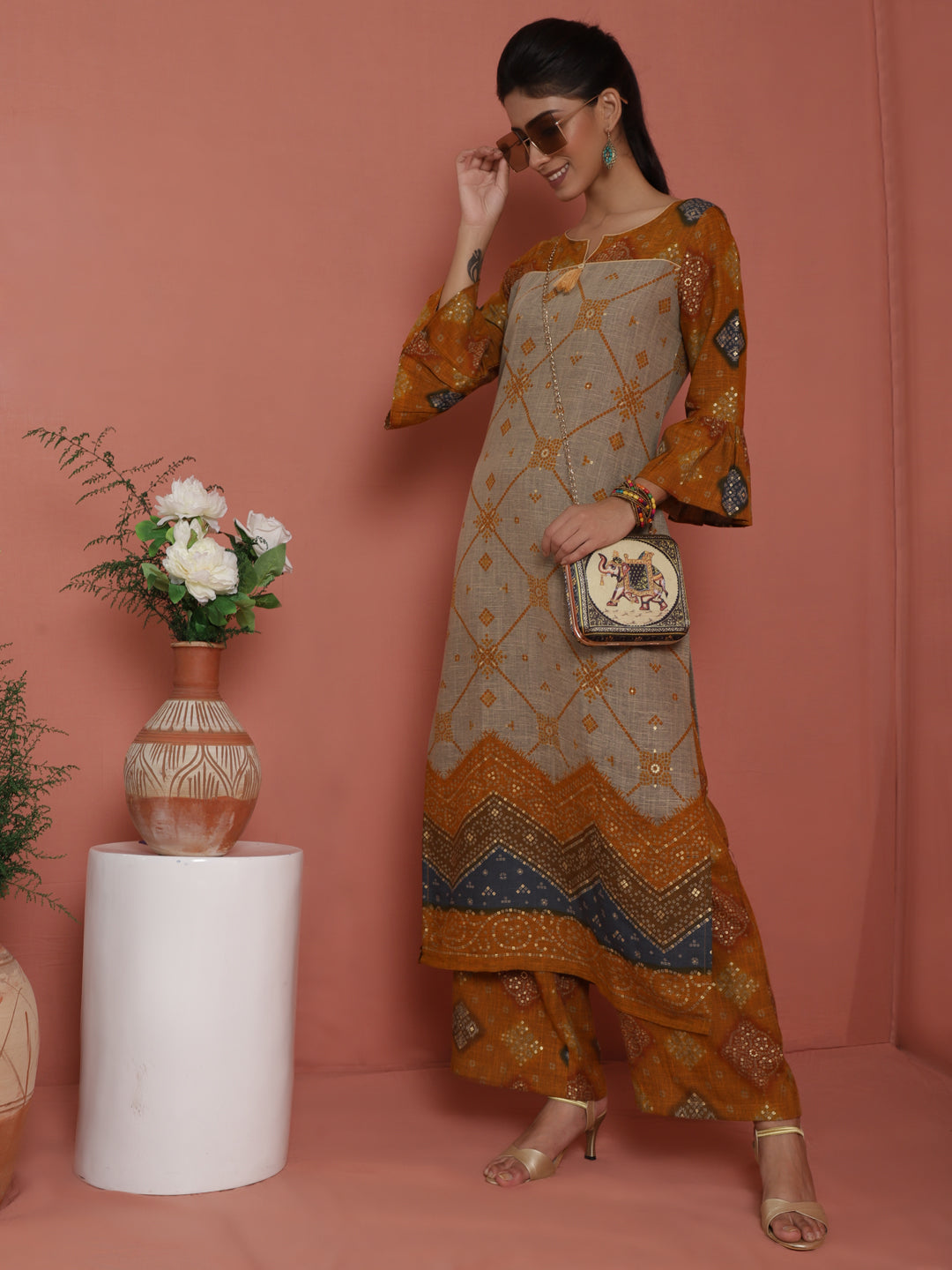 Women's Mustard Gold Printed Kurta With Palazzo