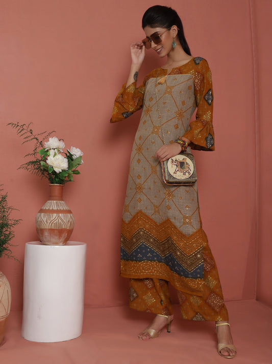 Women's Mustard Gold Printed Kurta With Palazzo