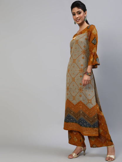 Women's Mustard Gold Printed Kurta With Palazzo