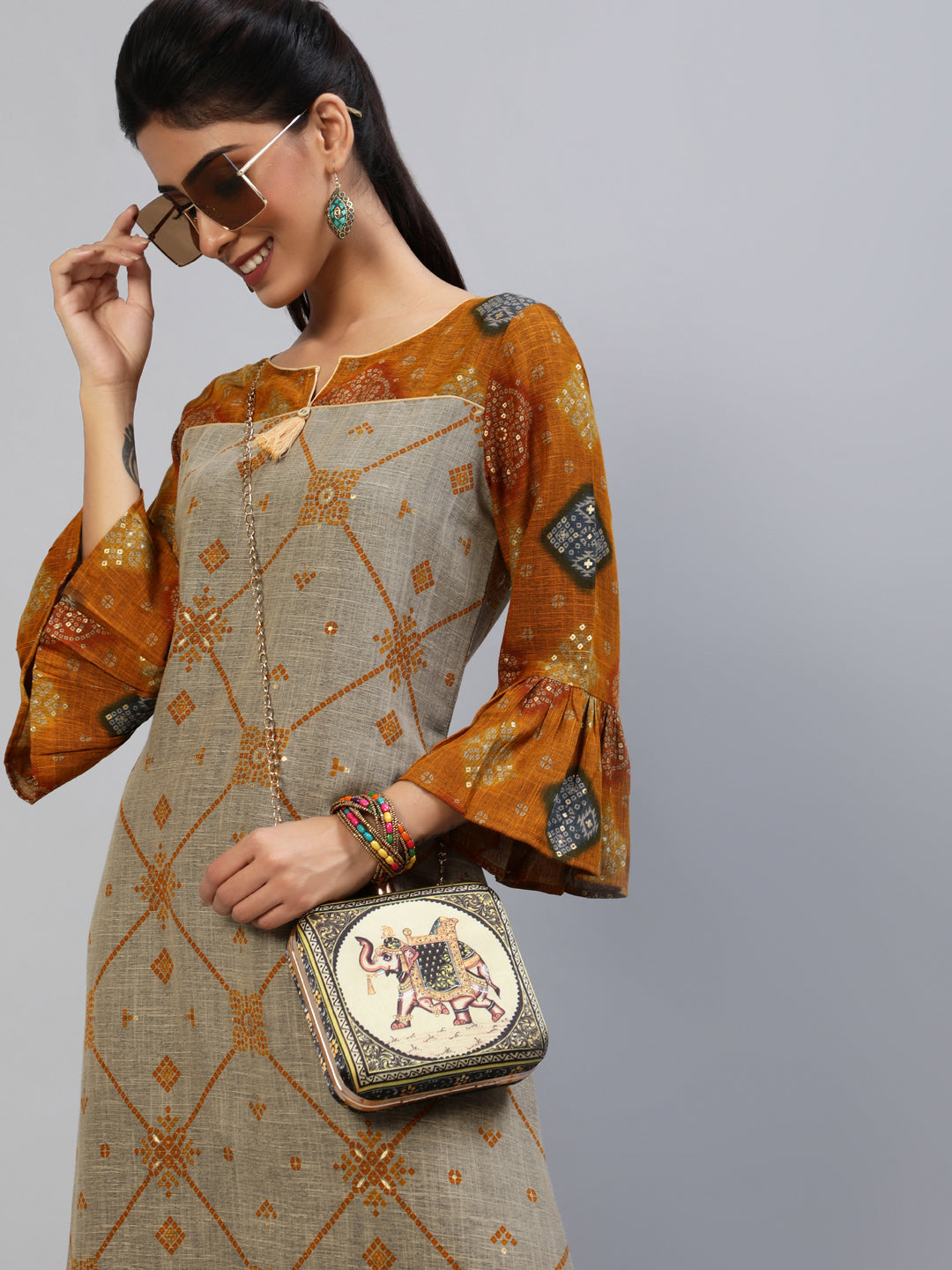 Women's Mustard Gold Printed Kurta With Palazzo