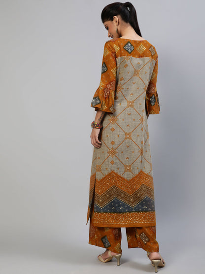 Women's Mustard Gold Printed Kurta With Palazzo
