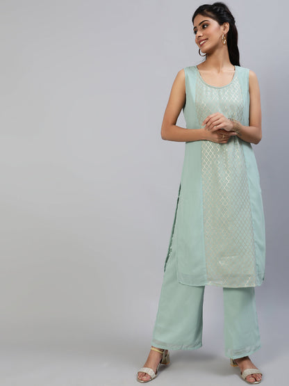 Women's Sea Green Foil Printed Kurta Set