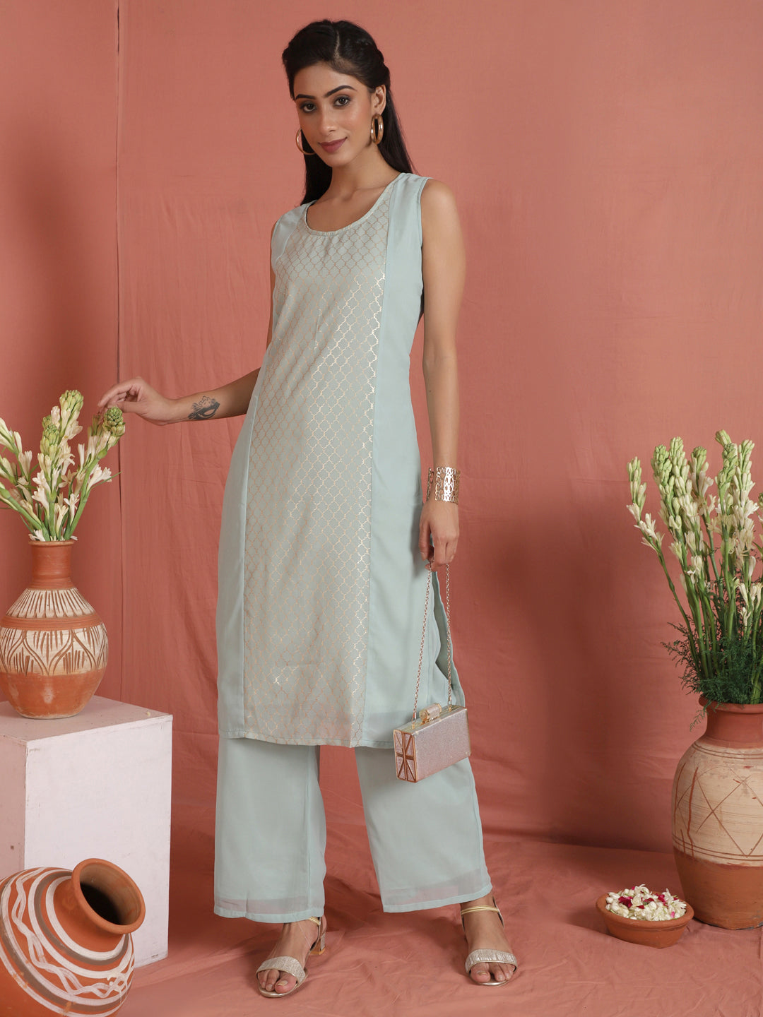 Women's Sea Green Foil Printed Kurta Set