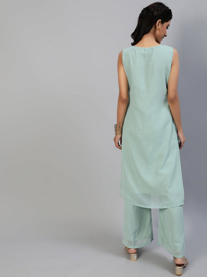 Women's Sea Green Foil Printed Kurta Set
