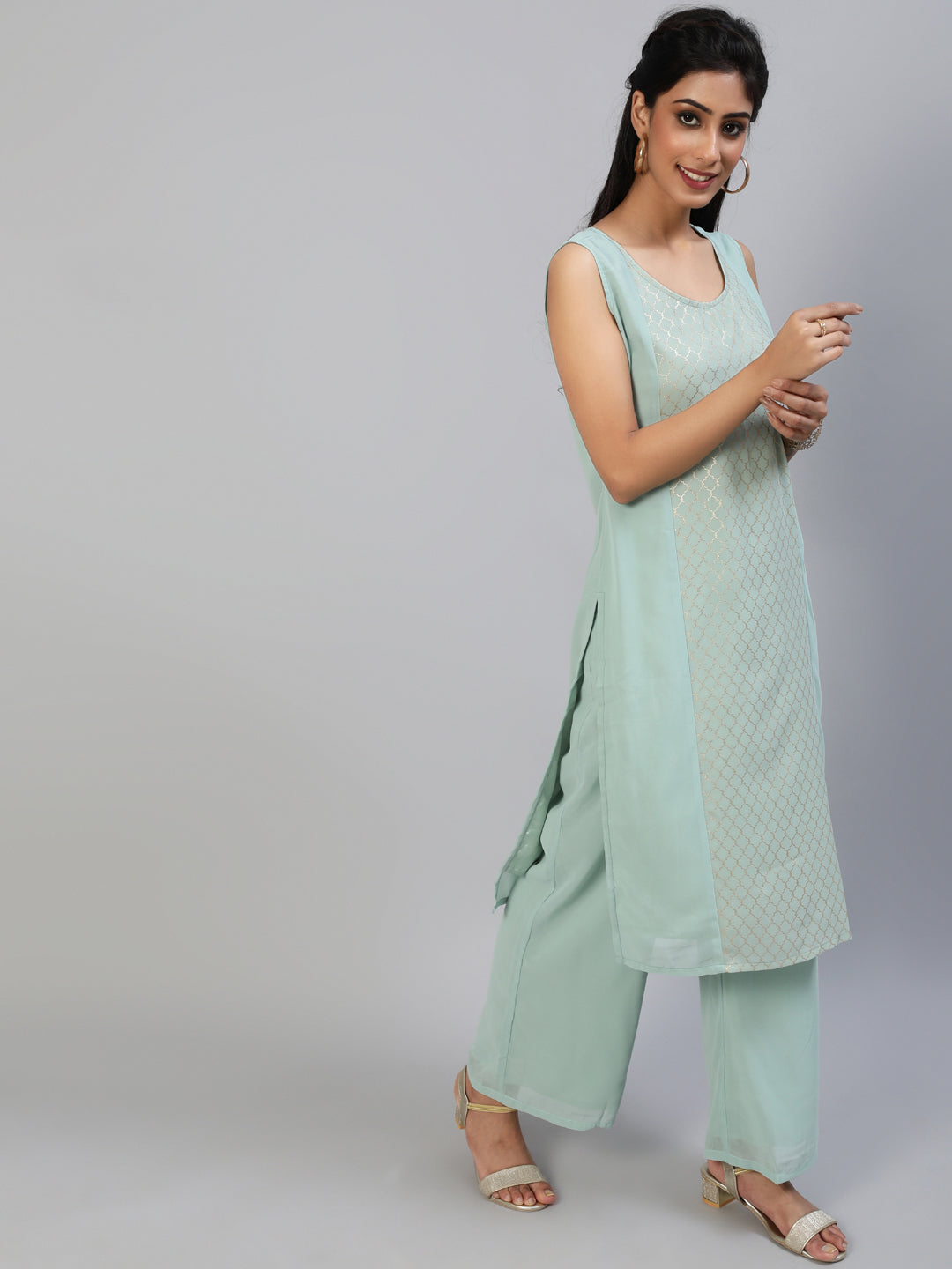 Women's Sea Green Foil Printed Kurta Set