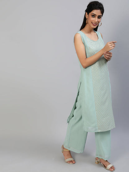 Women's Sea Green Foil Printed Kurta Set