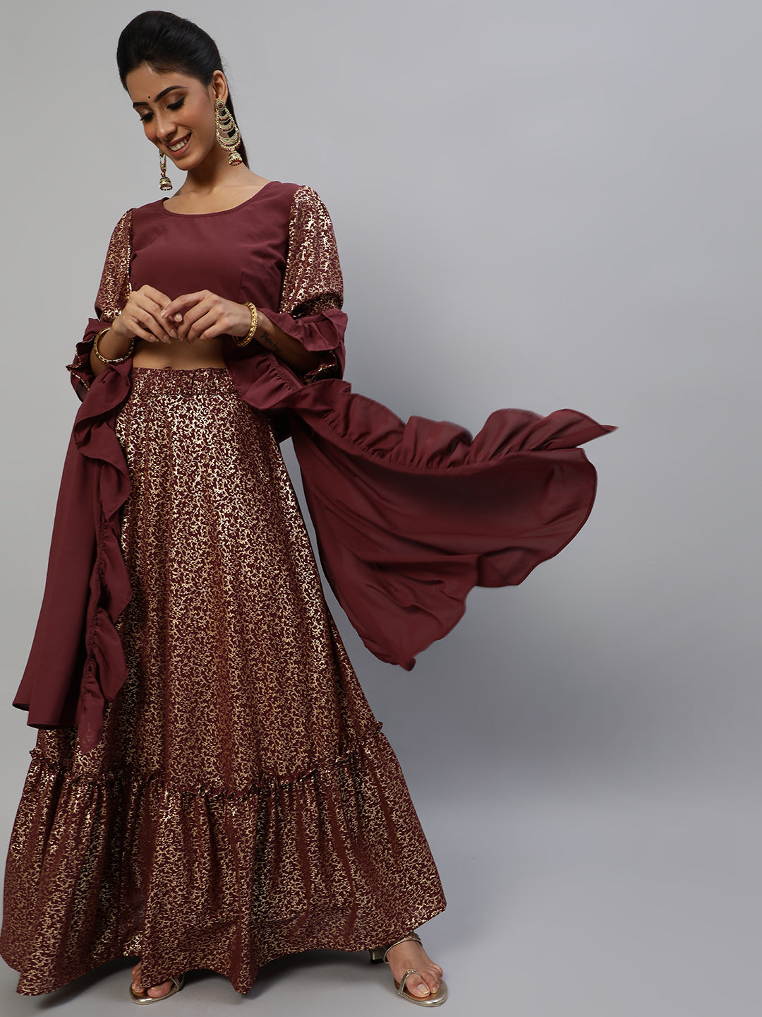 Women's Burgundy Foil Printed Lehenga Choli With Dupatta