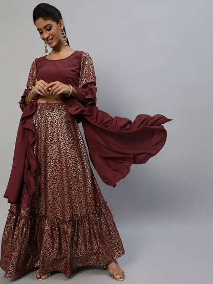 Women's Burgundy Foil Printed Lehenga Choli With Dupatta