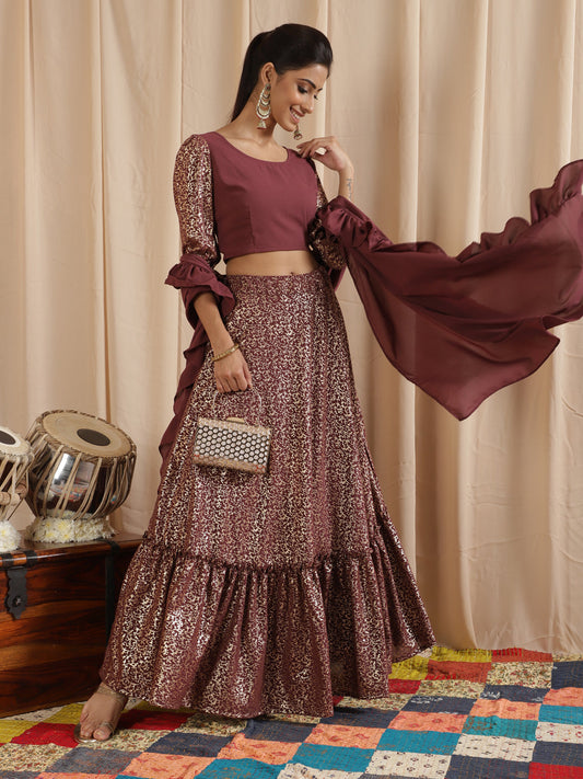 Women's Burgundy Foil Printed Lehenga Choli With Dupatta