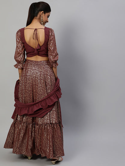 Women's Burgundy Foil Printed Lehenga Choli With Dupatta