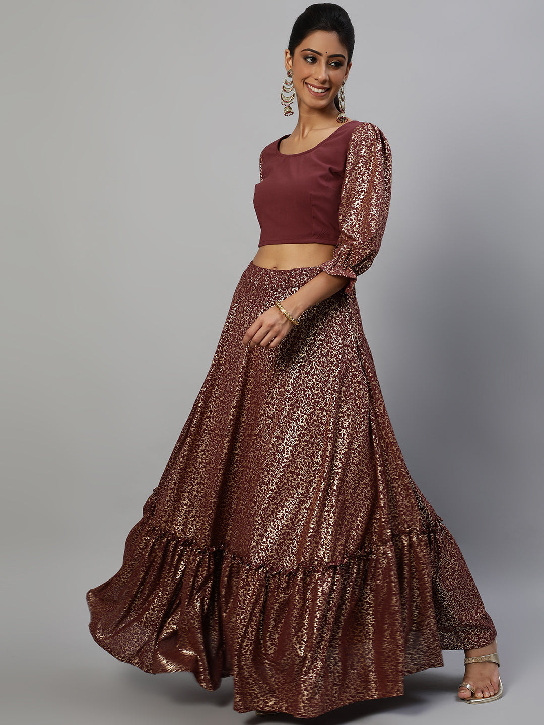 Women's Burgundy Foil Printed Lehenga Choli With Dupatta