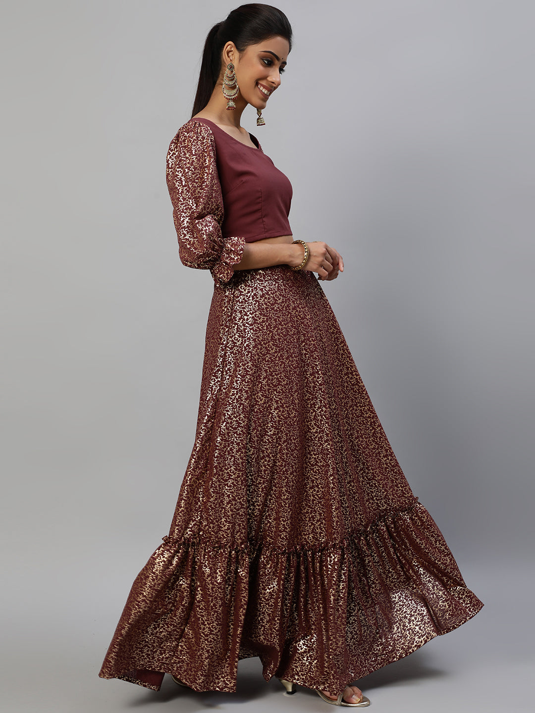 Women's Burgundy Foil Printed Lehenga Choli With Dupatta