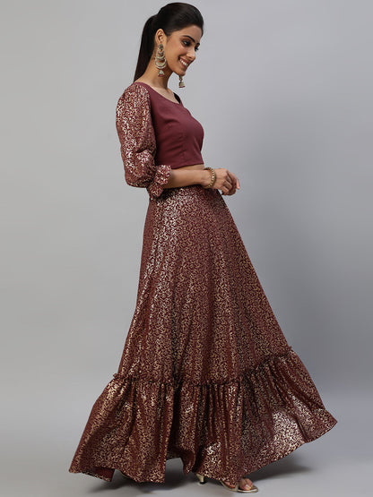 Women's Burgundy Foil Printed Lehenga Choli With Dupatta