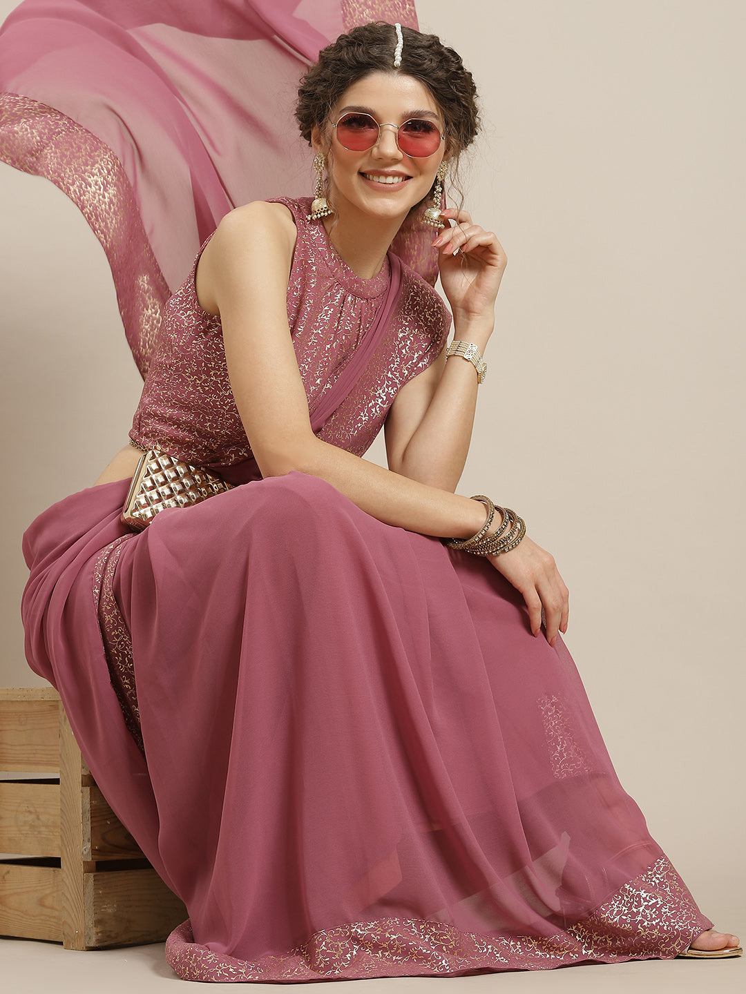 Women's Mauve Foil Printed Saree With Blouse