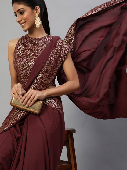 Women's Burgundy Foil Printed Saree With Blouse