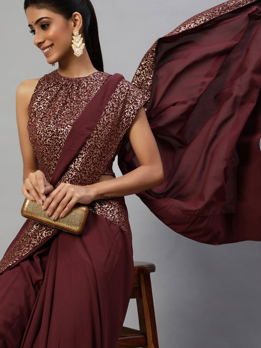 Women's Burgundy Foil Printed Saree With Blouse