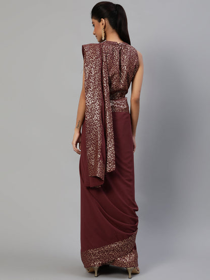Women's Burgundy Foil Printed Saree With Blouse
