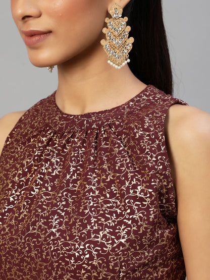 Women's Burgundy Foil Printed Saree With Blouse