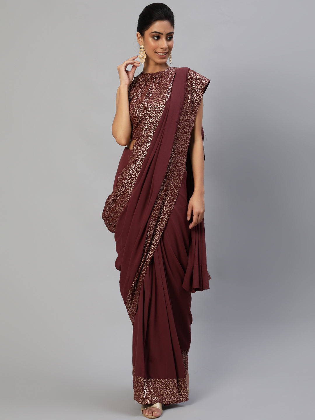 Women's Burgundy Foil Printed Saree With Blouse