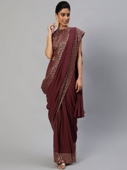 Women's Burgundy Foil Printed Saree With Blouse