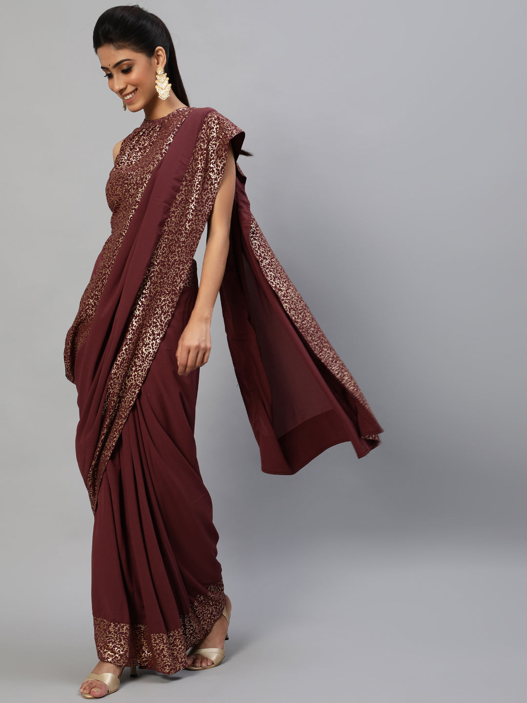 Women's Burgundy Foil Printed Saree With Blouse