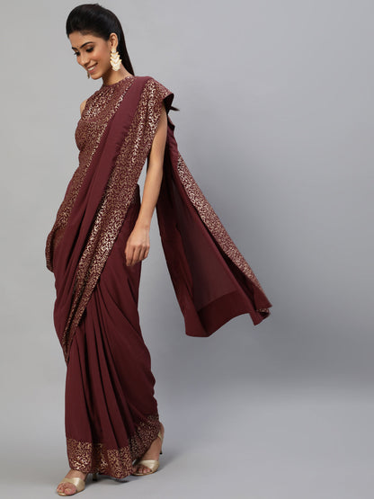 Women's Burgundy Foil Printed Saree With Blouse