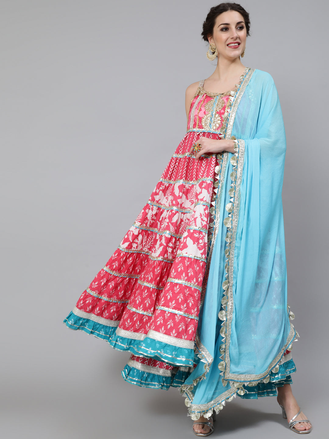 Women's Pink Printed Anarkali Sharara With Dupatta