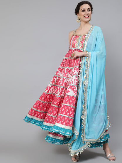 Women's Pink Printed Anarkali Sharara With Dupatta