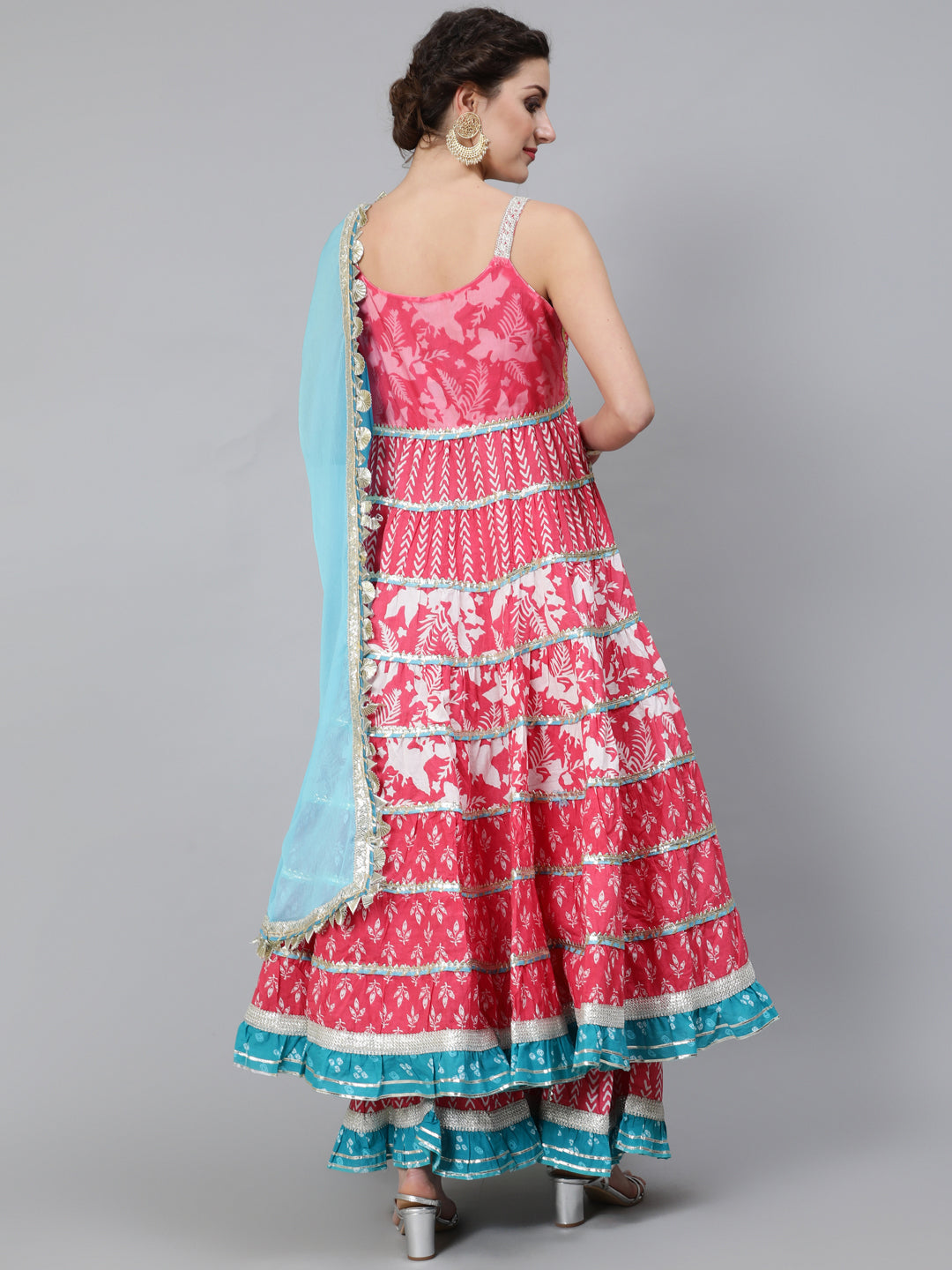 Women's Pink Printed Anarkali Sharara With Dupatta