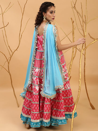 Women's Pink Printed Anarkali Sharara With Dupatta