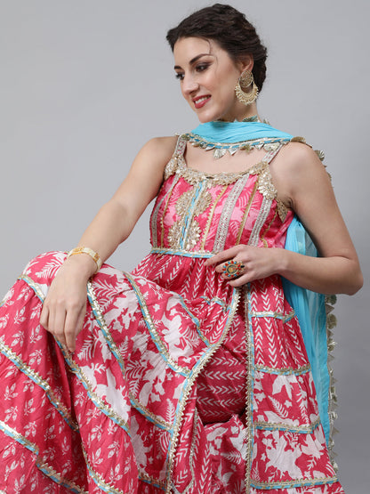 Women's Pink Printed Anarkali Sharara With Dupatta