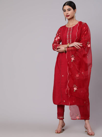 Women's Red Embroidered A-Line Kurta Pant With Dupatta