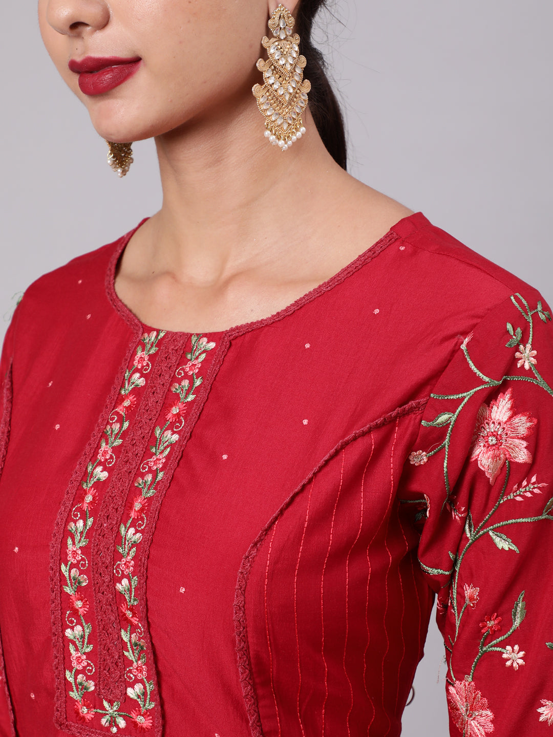 Women's Red Embroidered A-Line Kurta Pant With Dupatta
