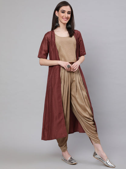 Women's Beige Sequined Dhoti Co Ord Set Pant With Jacket