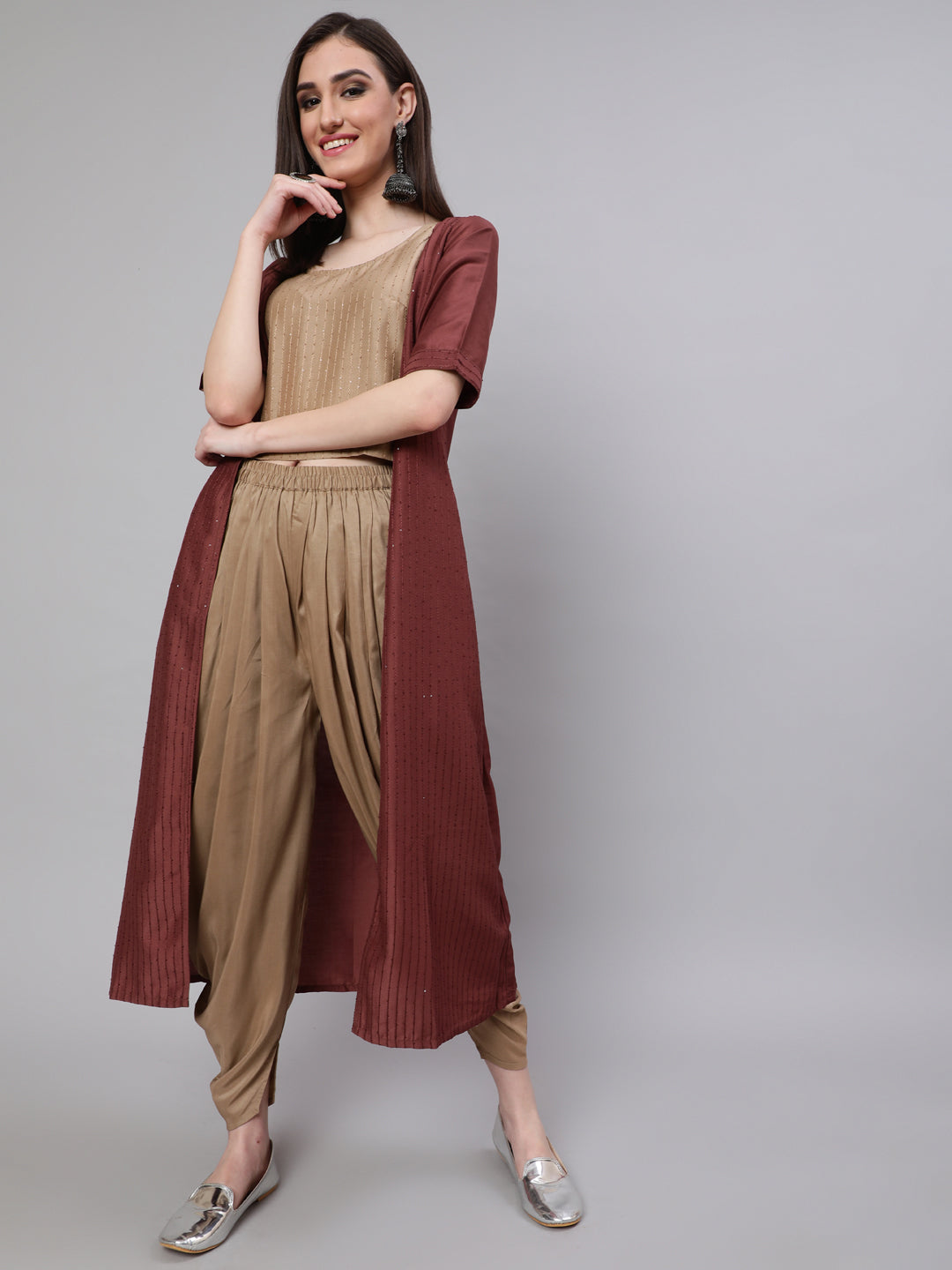 Women's Beige Sequined Dhoti Co Ord Set Pant With Jacket