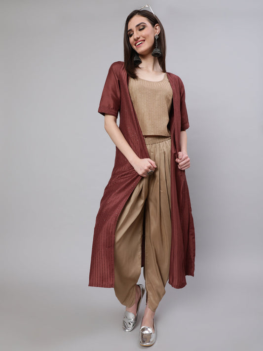 Women's Beige Sequined Dhoti Co Ord Set Pant With Jacket