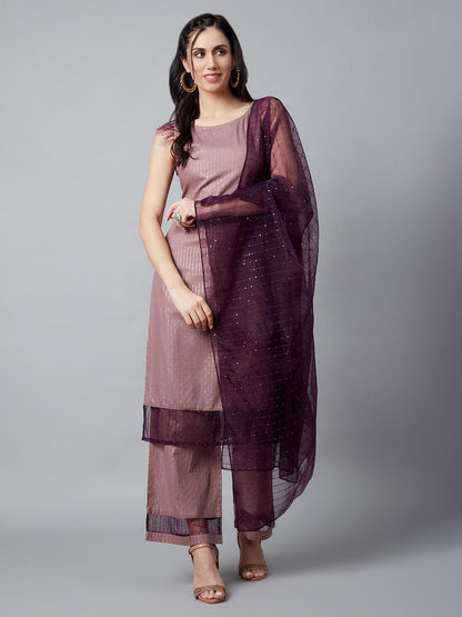 Women's Brown Kurta Palazzo With Sequence Work Dupatta