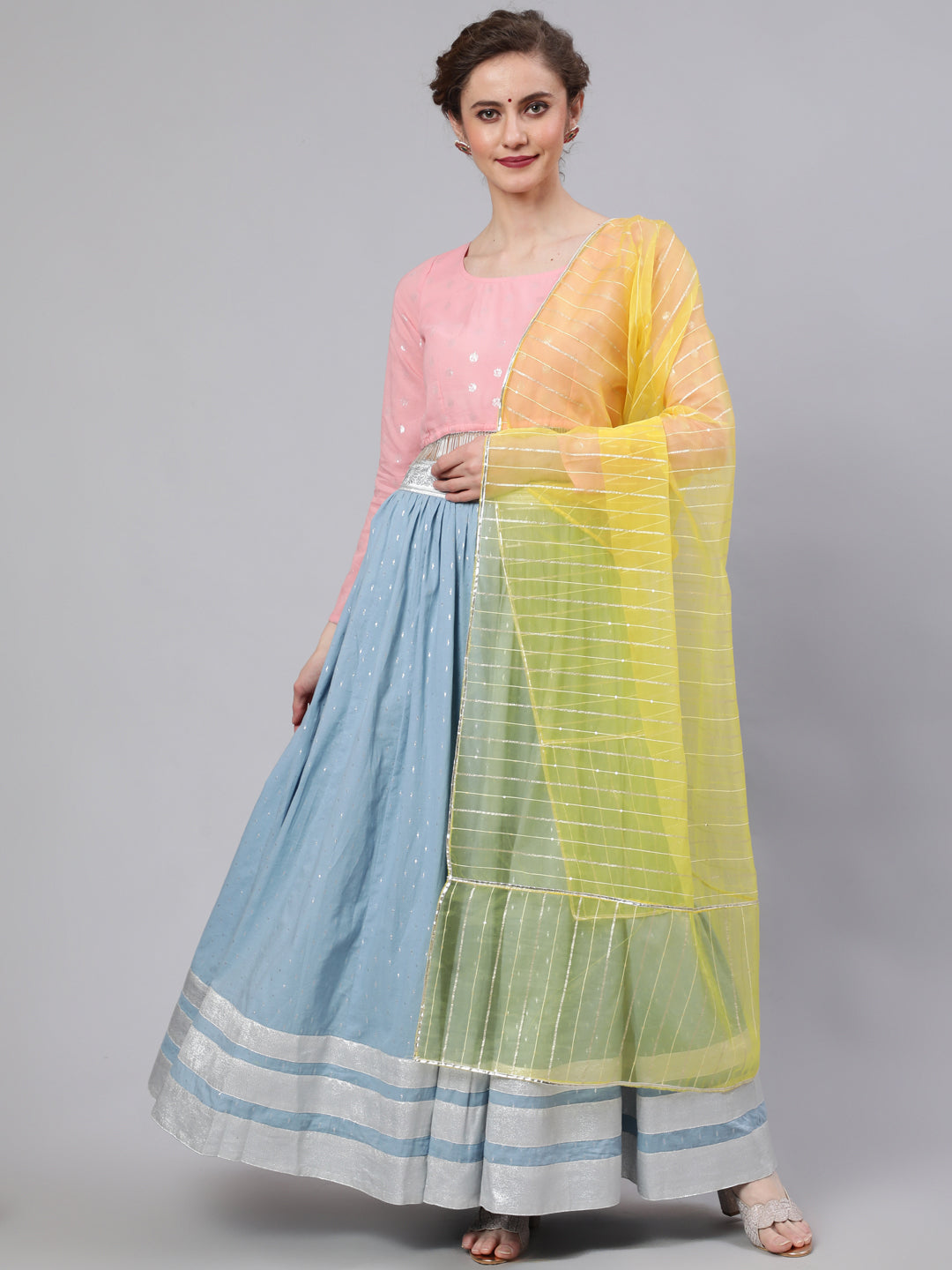 Women's Blue & Pink Lehenga Choli With Dupatta