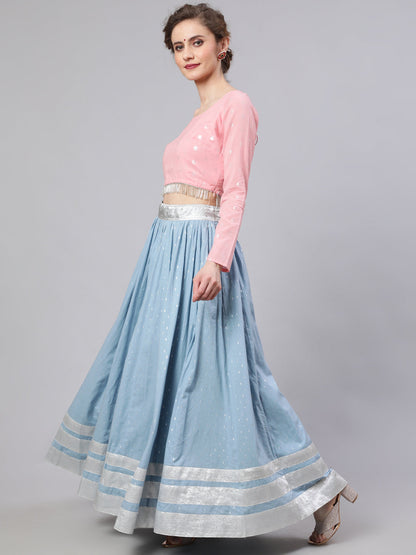 Women's Blue & Pink Lehenga Choli With Dupatta