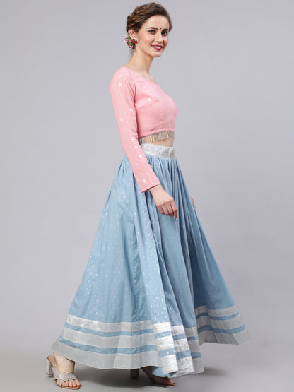 Women's Blue & Pink Lehenga Choli With Dupatta