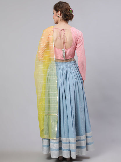 Women's Blue & Pink Lehenga Choli With Dupatta