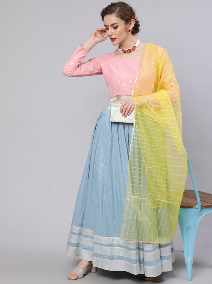 Women's Blue & Pink Lehenga Choli With Dupatta
