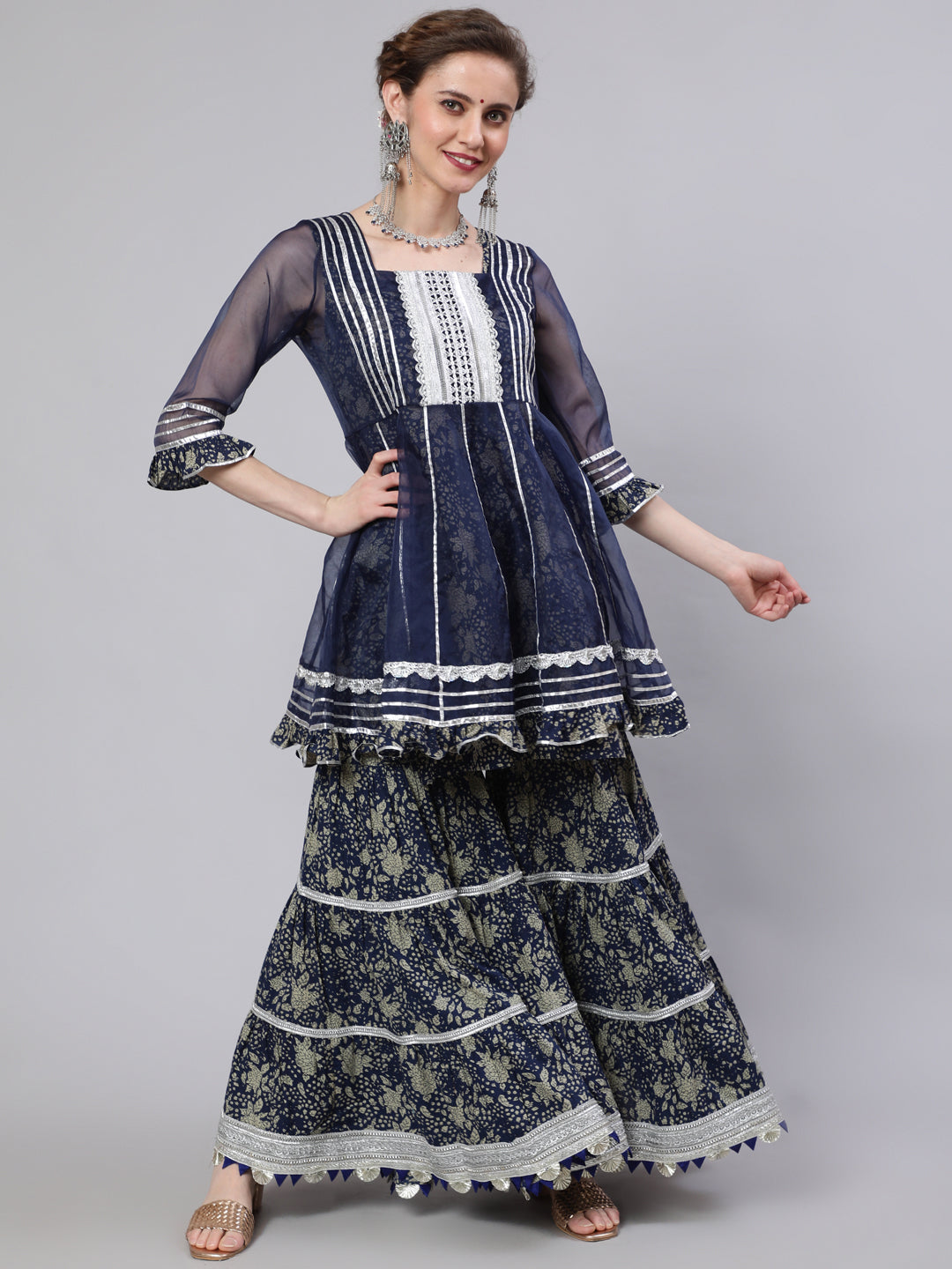 Women's Navy Blue Floral Print Kurta Sharara Set