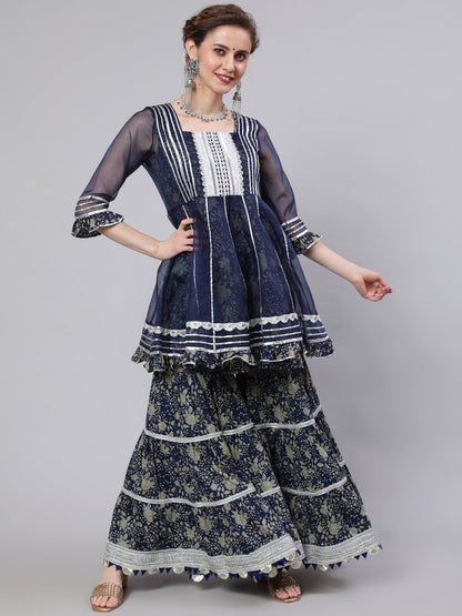 Women's Navy Blue Floral Print Kurta Sharara Set