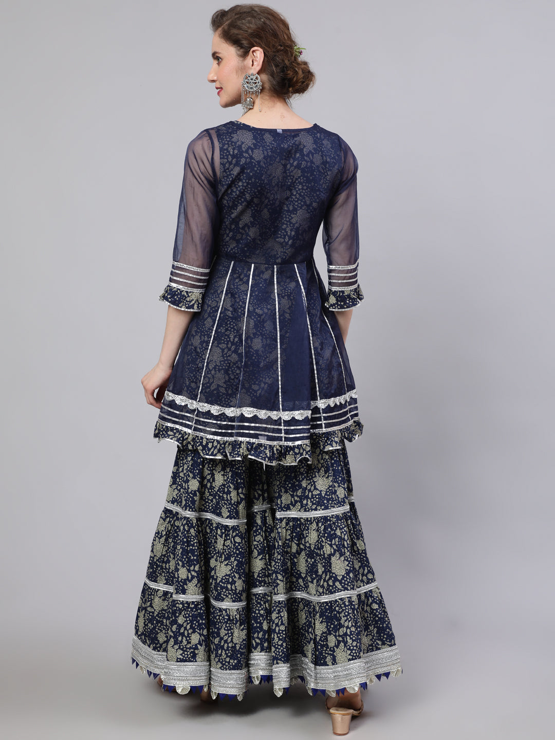 Women's Navy Blue Floral Print Kurta Sharara Set
