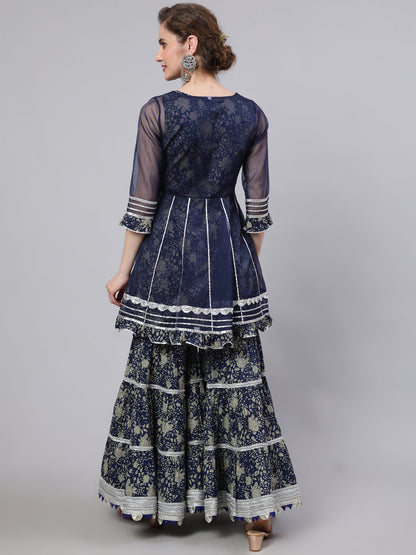 Women's Navy Blue Floral Print Kurta Sharara Set